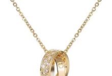 قلادة Double Ring Pendant للنساء، ذهب عيار 18، تصميم بسيط Double Ring Pendant Necklace for Women, 18K Gold Plated Stainless Steel Layered Chain, Minimalist Interlocking Circle Jewelry, Dainty Everyday Necklace, Gift for Her, One Size, Stainless Steel, No
