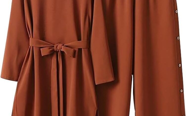 طقم إماراتي مكون من قطعتين Abayas Dress للنساء، أكمام طويلة Abayas Dress for Women Muslim Long Sleeve Loose Top Pants 2 Pcs Dubai Islamic Muslim Women Matching Sets