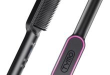 TYMO Hair Straightener Brush, Hair Iron with Built-in Comb, Fast Heating & 5 Temp Settings & Anti-Scald, Perfect for Professional Salon at Home, Reduces Styling Time, TYMO RING (Black)