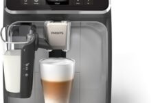 Philips Fully Automatic Coffee Machine, 12 Hot & Cold Beverages, 2 Profiles | 4400 Series, Intuitive Display Screen, Silent Brew, LatteGo, 12 Ceramic Grinder Settings, Silver/Black, EP4446/23