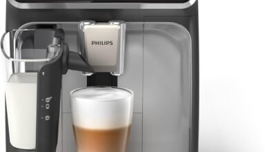 Philips Fully Automatic Coffee Machine, 12 Hot & Cold Beverages, 2 Profiles | 4400 Series, Intuitive Display Screen, Silent Brew, LatteGo, 12 Ceramic Grinder Settings, Silver/Black, EP4446/23
