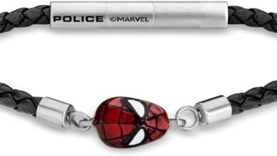 POLICE Web Slinger Bracelet - Black Leather with Iconic Red Spider-Man Mask & Magnetic Closure - Bold Men's Style