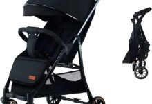 HOTSUAE عربة أطفال خفيفة قابلة للطي مع تعليق أربع عجلات ومقعد قابل للتعديل HOTSUAE Lightweight Stroller,Foldable Baby Stroller, 0-3 Year Old Baby Travel Stroller With Storage Basket, Four-Wheel Suspension, One Click Folding, Can Sit Or Lie Down, 5-Point Seat Belt, Black