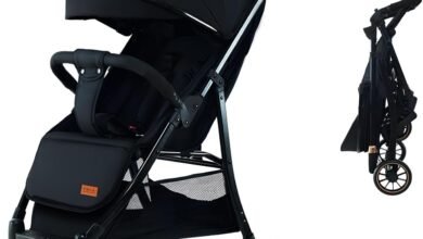 HOTSUAE عربة أطفال خفيفة قابلة للطي مع تعليق أربع عجلات ومقعد قابل للتعديل HOTSUAE Lightweight Stroller,Foldable Baby Stroller, 0-3 Year Old Baby Travel Stroller With Storage Basket, Four-Wheel Suspension, One Click Folding, Can Sit Or Lie Down, 5-Point Seat Belt, Black