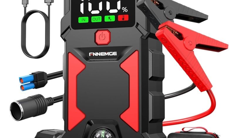 FNNEMGE Car Jump Starter, 6000A Peak 12V Jump Starter Battery Pack(Up to All Gas, 10.0L Diesel Engine),with USB Charge Output Port,LED Light,HD Large Screen,12V EC-5 Output.