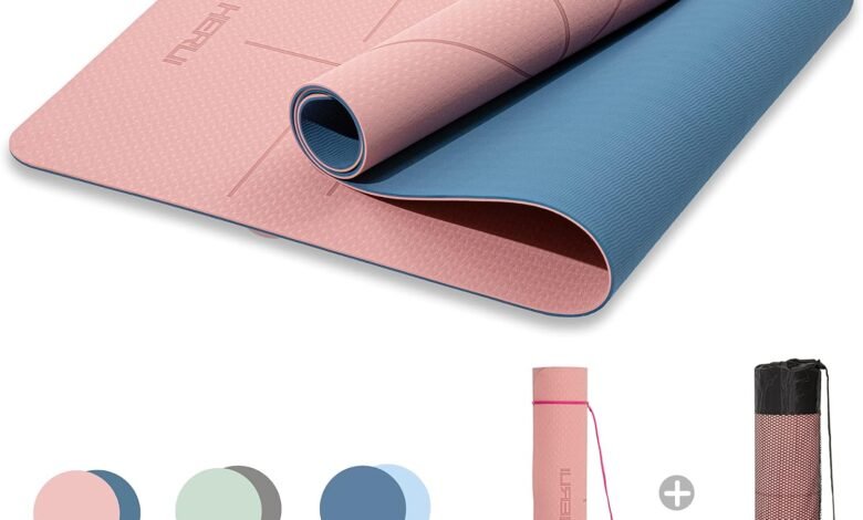 HERUI Yoga Mat Alignment Lines Anti-Slip Exercise Mat with Carrying Bag Fitness Mat for Pilates 183CM*61CM*6MM Thickness for Woman Man Beginners