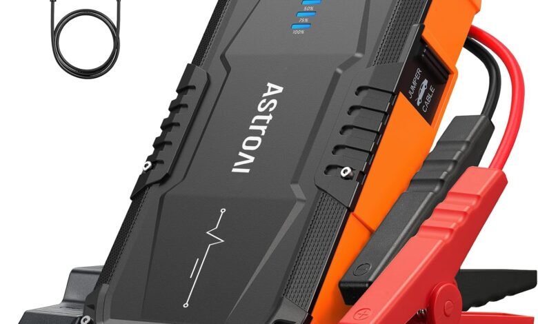 س jumps Starter AstroAI المحمول 12V مع بمصباح LED AstroAI Jump Starter Portable Car Jump Starter 12V Car Battery Charger | For Up to 6.0L Gas & 3.0L Diesel Engines like motorcycles, cars, SUVs, pickups, lawnmowers With Smart Jumper and LED Torch