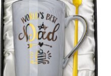 Best Birthday Gifts for Dad from Daughter Son, Fathers Day Presents for Dad，Funny Gifts 14oz Grey Ceramic Gold Print World's Best Dad Cup whit Lid，Spoon，Card，Gift Box