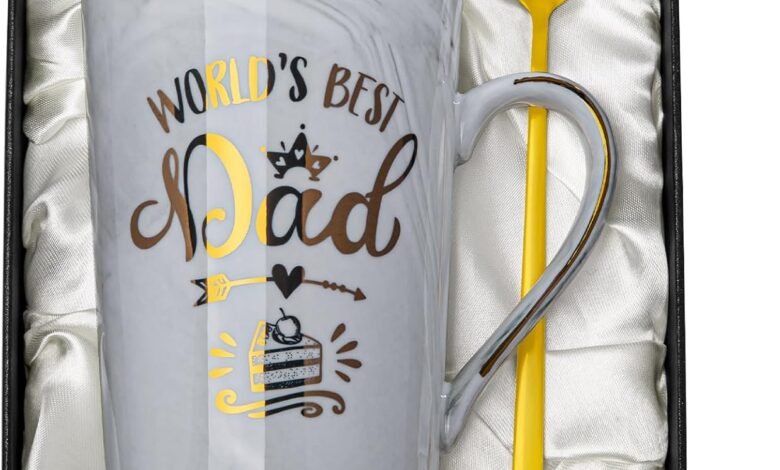 Best Birthday Gifts for Dad from Daughter Son, Fathers Day Presents for Dad，Funny Gifts 14oz Grey Ceramic Gold Print World's Best Dad Cup whit Lid，Spoon，Card，Gift Box