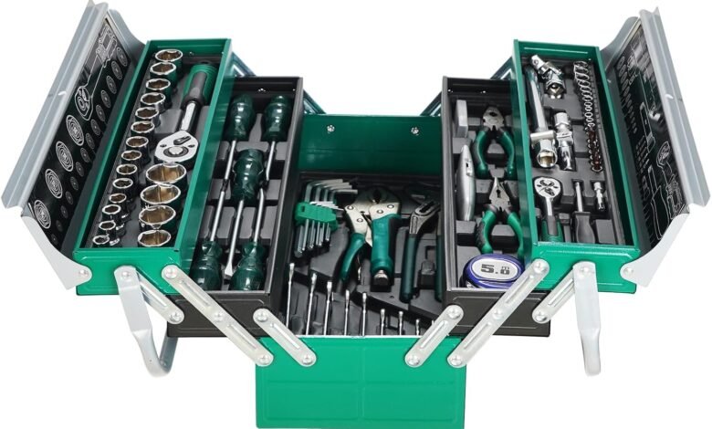 مجموعة أدوات إصلاح 85 قطعة Toolbox Storage Case باللون الأخضر 85 Piece Repair Tool Kit, Toolbox Storage Case with Drawer, Multi-Purpose Household Hand-tool - Perfect for Home DIY, Handyman-Green
