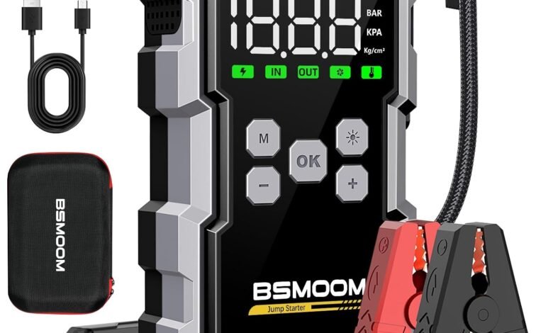 Jump Starter 7000A مع ضاغط هواء 150PSI Jump Starter with Air Compressor, 7000A 26800mAh 150PSI Portable Car Battery Jump Starter (All Gas/10.0L Diesel), Jump Box Portable Jumper Cables with 3.4" LCD Display, 2 Lights
