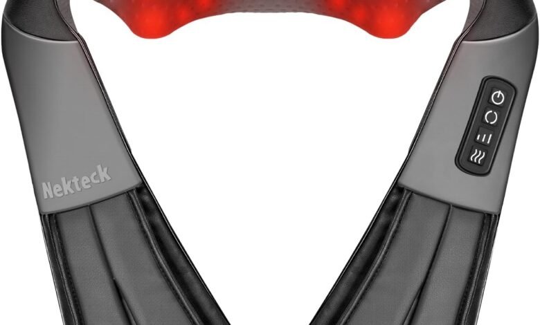 Nekteck وسادة مساج للرقبة والكتفين مع تسخين Nekteck Back Neck and Shoulder Massager with Heat, Deep Tissue 3D Kneading Shiatsu Electric Massage for Relaxation, Office Chair, Car & Home Use, Black