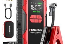 FNNEMGE 9000A جهاز بدء تشغيل مع ضاغط هواء 26800mAh FNNEMGE 9000A Jump Starter with Air Compressor, 26800mAh 12V Battery Booster(for All Gas/10.0L Diesel), 160PSI Tire Inflator, with USB Output,2 LED Light,HD Large Screen.