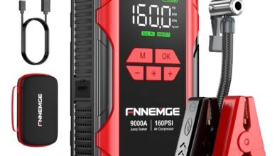 FNNEMGE 9000A جهاز بدء تشغيل مع ضاغط هواء 26800mAh FNNEMGE 9000A Jump Starter with Air Compressor, 26800mAh 12V Battery Booster(for All Gas/10.0L Diesel), 160PSI Tire Inflator, with USB Output,2 LED Light,HD Large Screen.