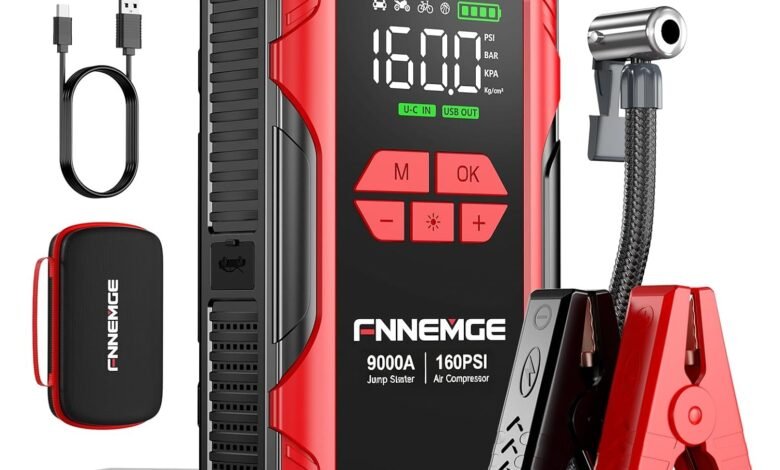 FNNEMGE 9000A Jump Starter with Air Compressor, 26800mAh 12V Battery Booster(for All Gas/10.0L Diesel), 160PSI Tire Inflator, with USB Output,2 LED Light,HD Large Screen.
