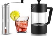 Omran Cart مكينة قهوة فرنسية 600 مل مع مطحنة يدوية Omran Cart French Press Coffee Maker 600ml with 160ml Glass Cup and Manual Coffee Grinder included Stainless Steel Burr Grinder – Complete Manual Brewing Set