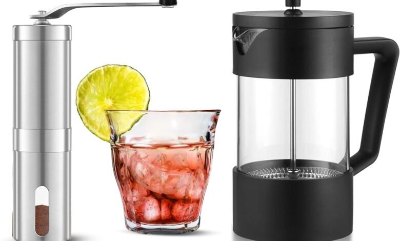 Omran Cart مكينة قهوة فرنسية 600 مل مع مطحنة يدوية Omran Cart French Press Coffee Maker 600ml with 160ml Glass Cup and Manual Coffee Grinder included Stainless Steel Burr Grinder – Complete Manual Brewing Set