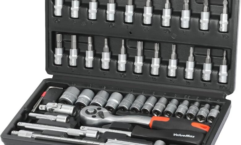ValueMax 46 pcs 1/4" Drive Socket Set, Cr-V Ratchet Wrench Kit | Quick Release Ratchet, Cr-V Steel, Multiple Sockets & Bits, Universal Joint, Extension Bars, Portable Case