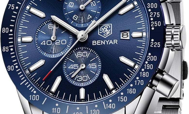 BY BENYAR Men's Waterproof Analog Quartz Chronograph Luminous Date Large Dial Classic Business Fashion Watches Leather Strap Elegant Gift for Men