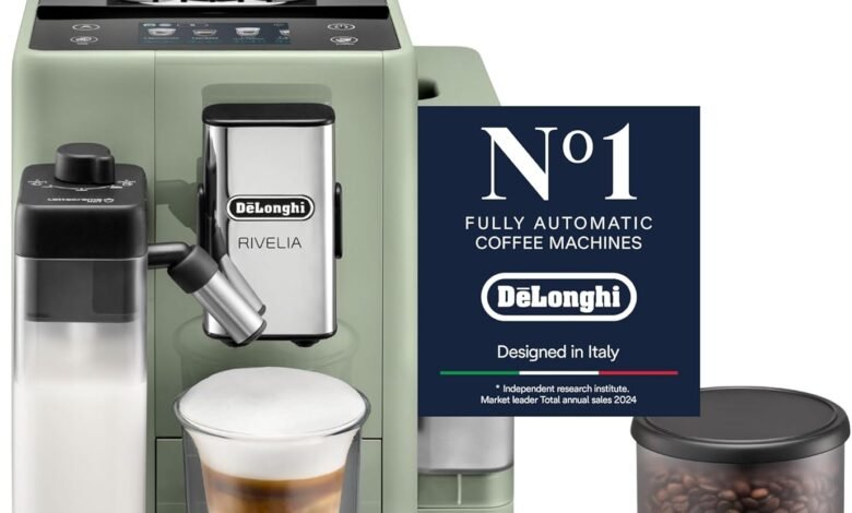 De'Longhi Rivelia Fully Automatic Coffee Machine with LatteCrema Hot, Automatic Milk Frother, Compact Size Bean to Cup Coffee Machine, 22+ Recipes, Full Touch Colored Display, EXAM441.55.GR, Green