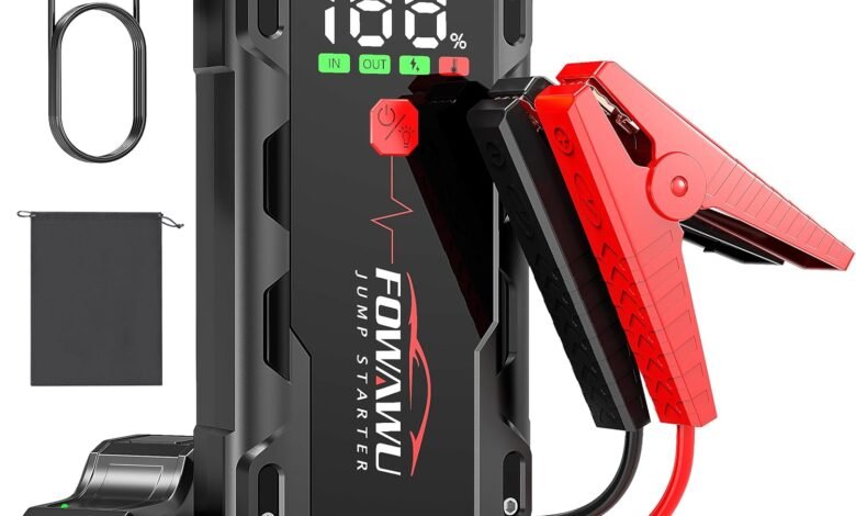 FOWAWU شاحن بطارية للسيارات 6000A مع ضوء SOS FOWAWU Car Jump Starter Battery Pack, 6000A Peak Current Battery Booster | Starts up to 10L gas & 8L diesel vehicles, 22800mAh, 5-in-1, 1.2m drop tested, 10 safety protections,LED SOS light, 60 starts