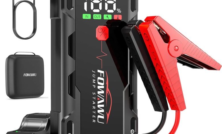 FOWAWU جهاز تشغيل السيارات، 7000A، 26800mAh FOWAWU Car Jump Starter Battery Pack, 7000A Peak Current Battery Booster | Starts up to 12L gas & up to 10L diesel, 26800mAh, 5-in-1, 1.2m drop tested, 10 safety protections, LED SOS light, 60 starts